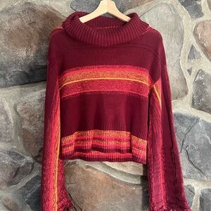 Free People Red and Yellow Striped Cowl Neck Sweater